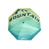 A 21'' automatic compact folding umbrella in green and teal with a mountain design and logo.