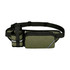 A drink bottle holder attached to an olive green fanny pack with a zipper compartment and adjustable strap.
