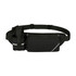 A black fanny pack with a bottle holder, featuring a zippered compartment and adjustable strap. Includes reflective details.