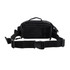 A black expandable bum bag with adjustable straps and a handle, featuring a front zip pocket and branding.