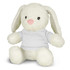 A white rabbit plush toy with long ears and a pink nose, wearing a plain white t-shirt.