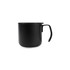 A drink bottle features a sleek black stainless steel design with a handle and insulated structure. It has a logo.