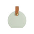 A small portable PU leather jewellery box in mint green with a brown strap and gold button detail.