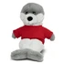 A grey and white plush seal toy with a red shirt, featuring a friendly facial expression and soft texture.