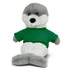 A grey and white seal plush toy wearing a green shirt, sitting upright with a friendly expression.