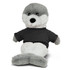 A plush seal toy in grey and white, wearing a black shirt, with a soft and fluffy texture. It has a small logo.
