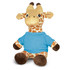 A plush toy giraffe with a tan and brown spotted body, wearing a blue shirt, sitting upright.