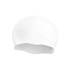 A seamless silicone swimming cap in white, featuring a smooth design and a logo.