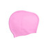 A pink silicone swim cap designed for women with long hair, featuring a smooth surface and a logo.