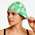 A green and white silicone swim cap designed for women with long hair, featuring a logo.
