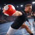 A handball with red and white panels is held by a player on a court, with spectators in the background.