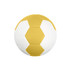A yellow and white handball featuring a textured surface and a hexagonal pattern. It has a logo on one side.