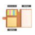 A 3-in-1 notepad with a brown cover, featuring colourful sticky notes and blank pages inside. Includes a logo.
