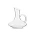 A clear glass wine decanter with a curved body and a handle, featuring a graceful spout at the top.
