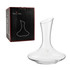 A glass wine decanter with a sleek design, displayed beside its packaging featuring a logo.