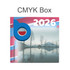 A colourful cube-shaped calendar featuring a scenic landscape image and a logo. Dominant colours include pink and blue.