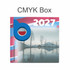 A desk calendar with a vibrant design featuring a scenic landscape and a branding logo, in shades of blue and red.
