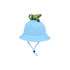 A blue bucket hat featuring a plush dinosaur on top and an adjustable chin strap.