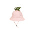 A pink bucket hat featuring a mesh design and a green dinosaur plush on top. Includes an adjustable chin strap.