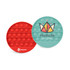 A red and teal round fidget popper with a crown design and a logo on one side.