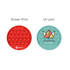 A round fidget toy featuring red and teal sections with various printed designs and textures.