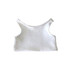 A white tank top with a sleeveless design, featuring a simple and basic style. It has a logo on the fabric.