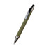 A green pen with a textured finish and a black clip, featuring a metallic tip and barrel.