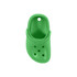 A green clog shoe-shaped charm with ventilation holes and a circular hole at the back for attachment.