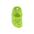 A bright green clog shoe-shaped charm with holes, featuring a circular hole at the top, and a curved back.