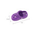 A purple clogs shoe-shaped charm measuring 7 cm by 3.4 cm with ventilation holes and a strap.