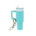 A drink bottle keyring in teal with a handle and a straw, featuring a metal keychain attachment.