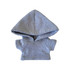 A grey plush doll hoodie featuring a large hood and short sleeves. The product has a simple design and soft texture.