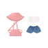 A pink hat, white top, and denim shorts in a 4-piece outfit for 15–17cm dolls. Features a logo on the hat.