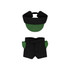 A plush doll racing suit set in black with green accents, including a cap and shorts. Features a logo.