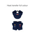 A plush doll racing suit set in navy featuring a visor and shorts, with a logo and colourful details.