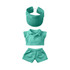 A turquoise racing suit set for 15–17cm dolls, featuring a visor, polo shirt, and shorts. It includes a logo.
