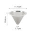 A stainless steel coffee filter in a conical shape, featuring a handle, with measurements indicated.