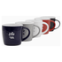 A ceramic mug collection featuring black, grey, white, and red mugs, each with a logo design.