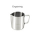 A stainless steel milk frothing pitcher with a handle and a spout, featuring a logo.