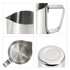 A stainless steel milk frothing pitcher with a sleek design, featuring a spout and handle. It has a polished finish.