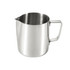A stainless steel milk frothing pitcher with a smooth finish and a sturdy handle. It has a sleek, modern design.