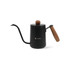 A stainless steel pour over kettle in matte black with a wooden handle and knob, featuring a spout for precise pouring.