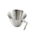 A stainless steel espresso measuring cup with measurement indicators for 50ml, 75ml, and 100ml. Features a handle.