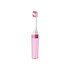 A square foldable handle toothbrush in white and pink, contained within a matching translucent pink case.