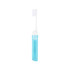 A translucent blue foldable toothbrush with a white bristle head, stored in a matching case.