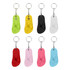 A collection of colourful thongs shape keyrings in lime green, yellow, black, white, red, pink, and light blue, with metal keyring attachments.