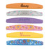 A collection of half moon-shaped nail files in various colours and patterns, featuring a logo on one file.
