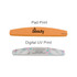 A Sponge Half Moon Shape Nail File in orange with a logo and a white file featuring colourful designs.