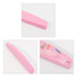A pink sponge half moon shape nail file with a smooth surface and colourful design on one side.