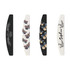 A set of four half-moon shaped nail files in black and white designs featuring butterflies and floral patterns, with one having a name.